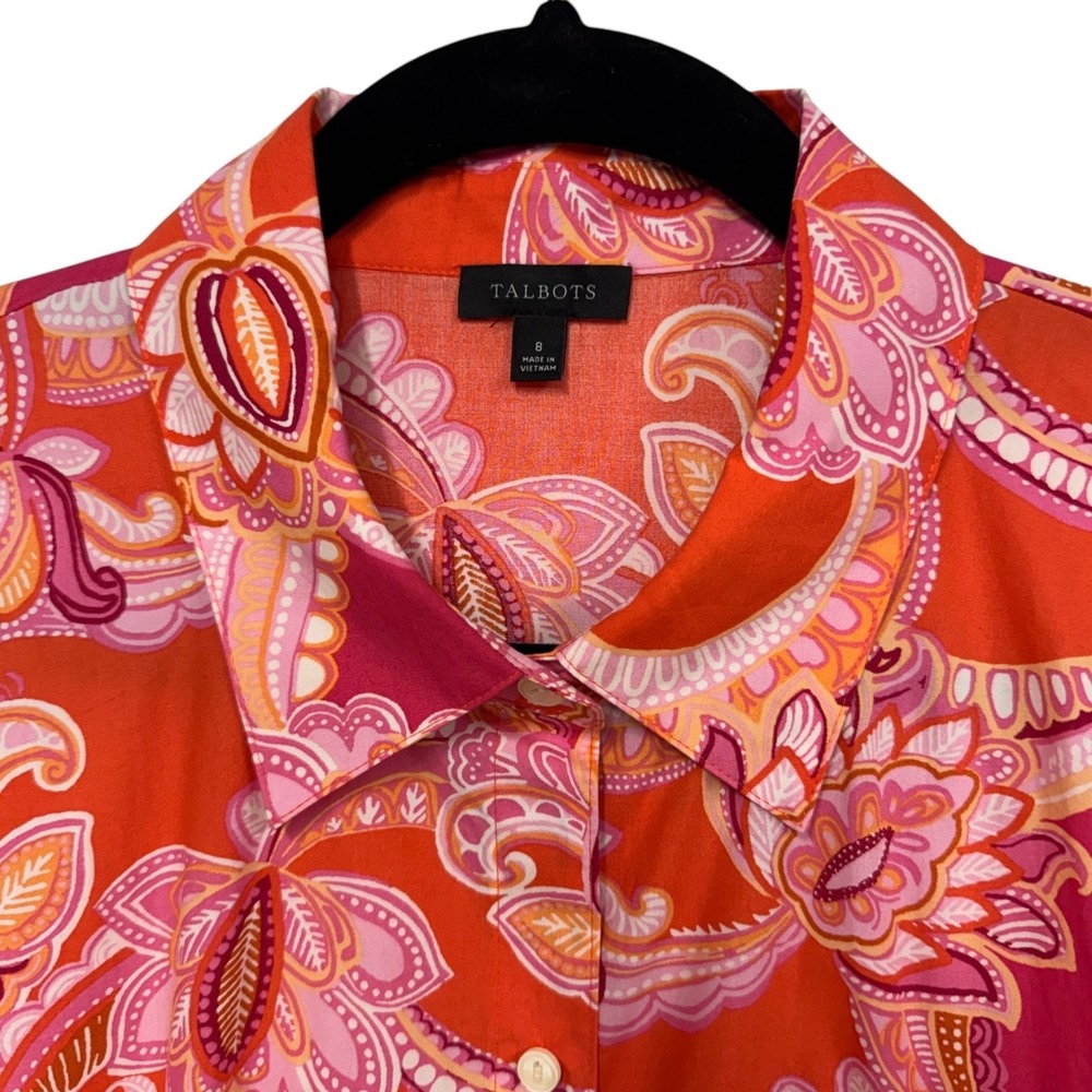 Talbots Sutton Shirt Dress, Sz 8, Pink & Orange Paisley Cotton Belted Pockets - Picture 3 of 13